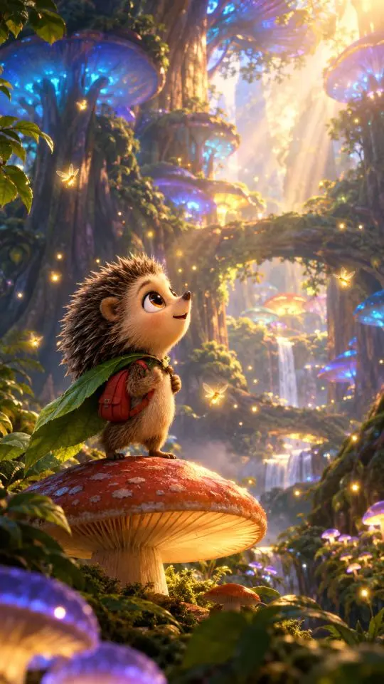 A small hedgehog with a red backpack and leaf cape stands on a mushroom gazing up at a glowing bioluminescent forest