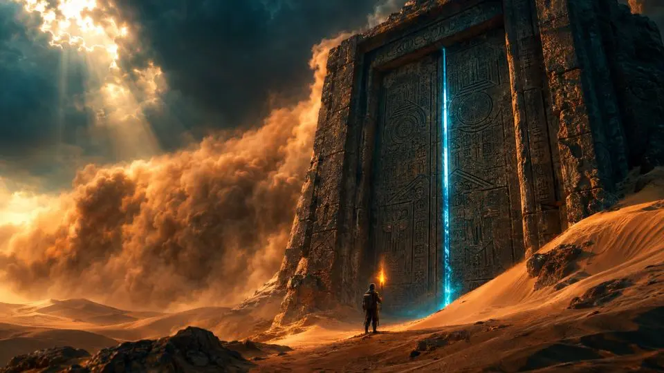 A colossal ancient stone door half-buried in desert dunes glows blue at the seam while a tiny explorer with a torch stands at its base