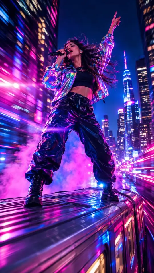 A singer in a holographic jacket performs on the roof of a speeding subway train through a neon city at night