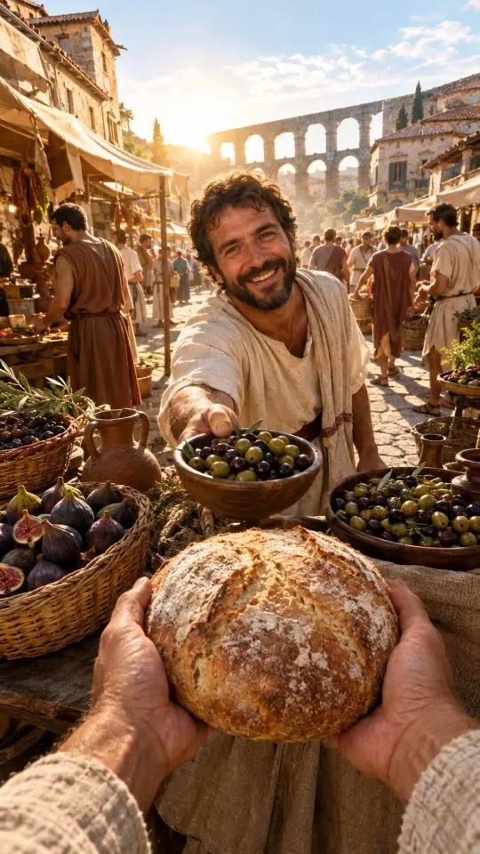 First-person view of hands holding a warm loaf in a sunlit Roman market while a smiling bread merchant offers olives to the camera