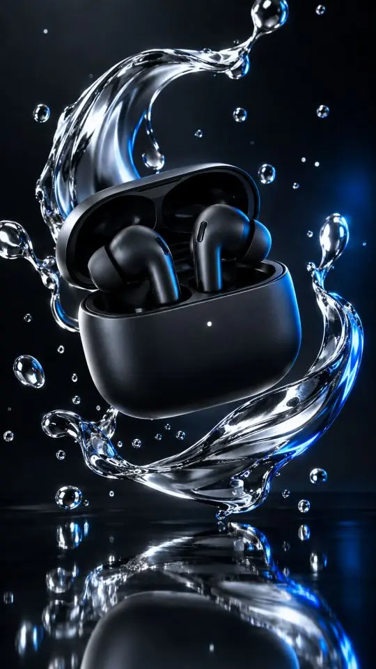 A matte black wireless earbud case floats open above a black mirror surface surrounded by splashing ribbons of liquid chrome