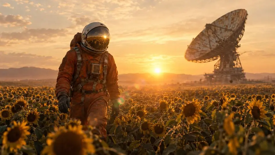 A lone astronaut in a weathered orange suit walks through a sunflower field at golden hour with a rusted radio telescope behind