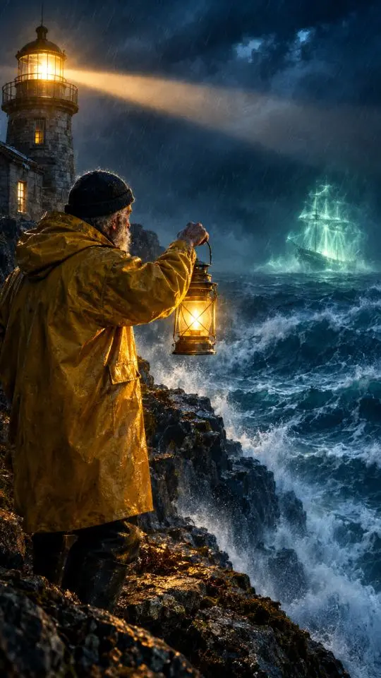 An old lighthouse keeper in a yellow oilskin holds up a lantern on a storm-lashed cliff as a ghostly green ship glows on the horizon