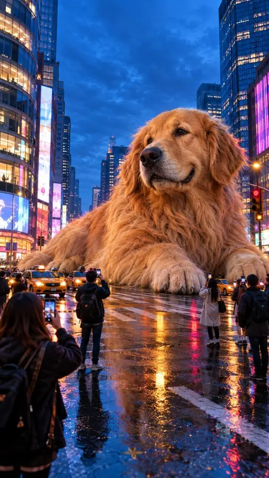 A building-sized golden retriever lies across a rainy city crosswalk at blue hour while tiny pedestrians take photos
