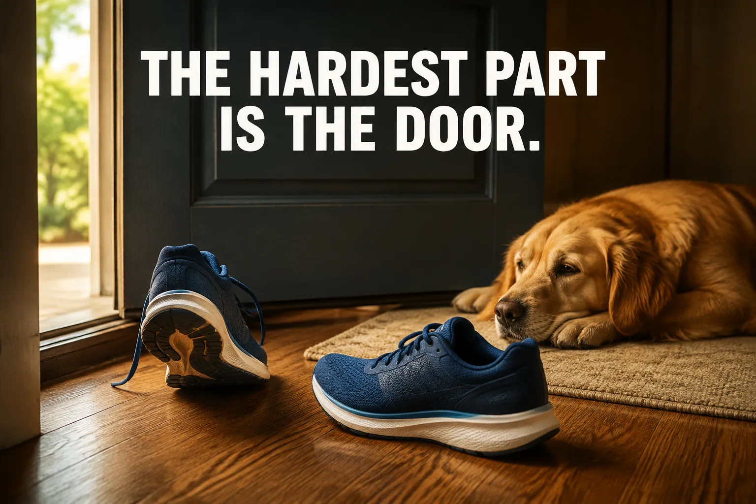 Blue running shoes beside a sleepy dog and a door with the headline ‘The hardest part is the door.’