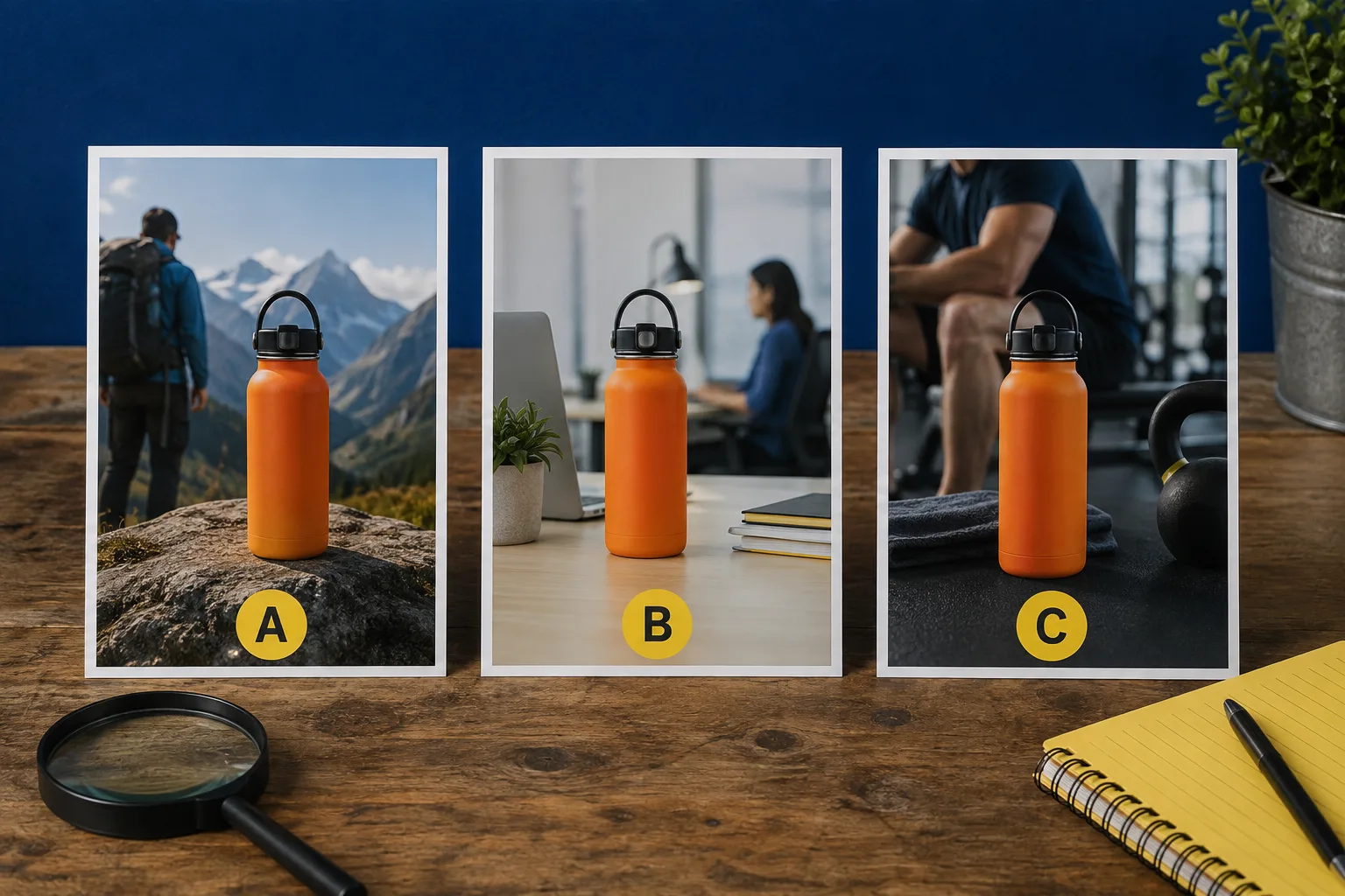Three original orange bottle ad concepts labeled A, B, and C in hiking, office, and gym settings