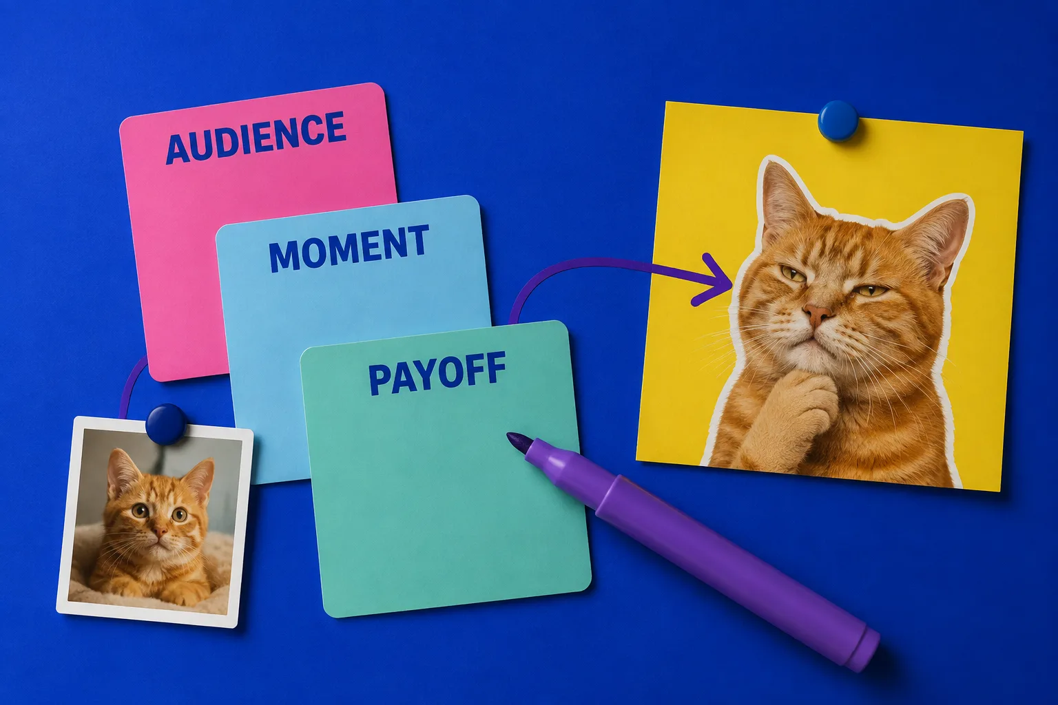 Colorful cards labeled Audience, Moment, and Payoff connect to an original cat meme visual.