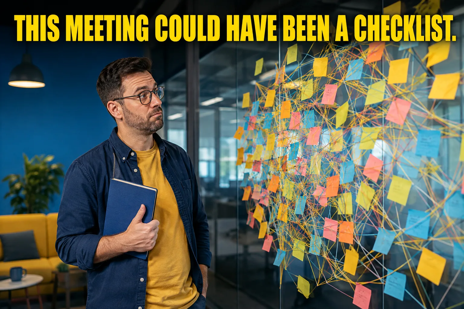 An office worker beside an absurdly tangled planning board with the line ‘This meeting could have been a checklist.’