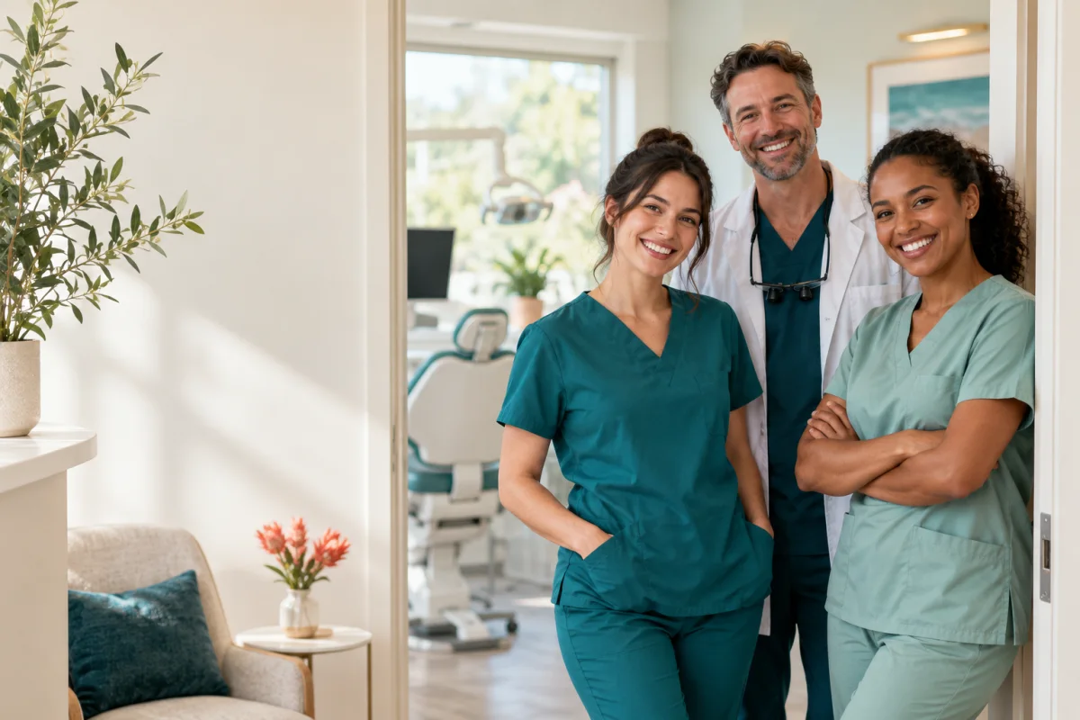 Fictional dental team smiling together in a bright, welcoming clinic.