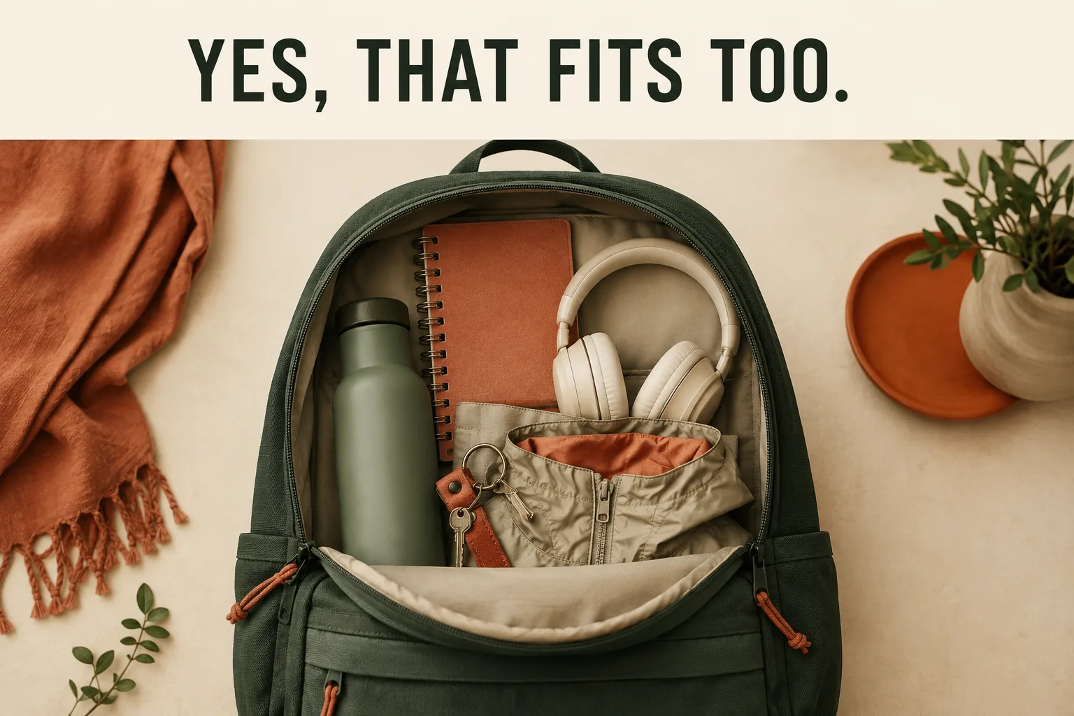 An original green backpack concept packed with a notebook, headphones, bottle, keys, and clothing