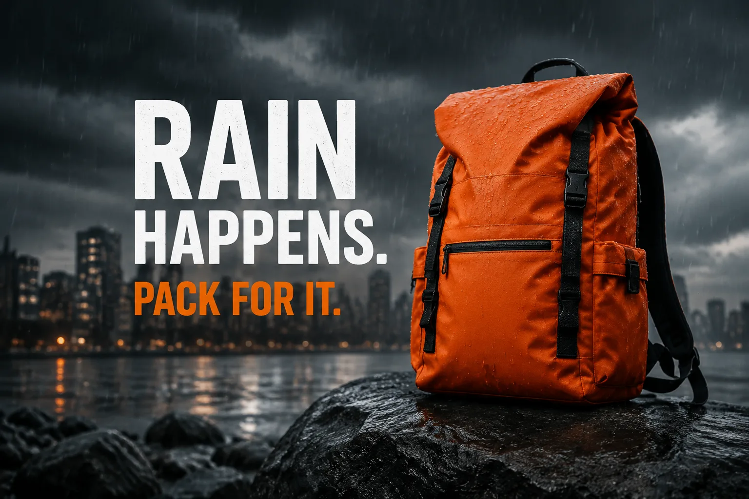 Original orange backpack ad in the rain with the headline ‘Rain happens. Pack for it.’