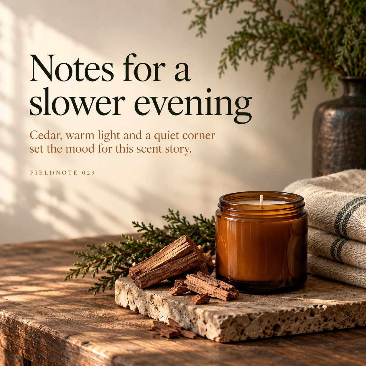 Illustrative campaign concept: unlit amber candle beside cedar pieces and folded linen, with the headline “Notes for a slower evening” and fictional FIELDNOTE branding.
