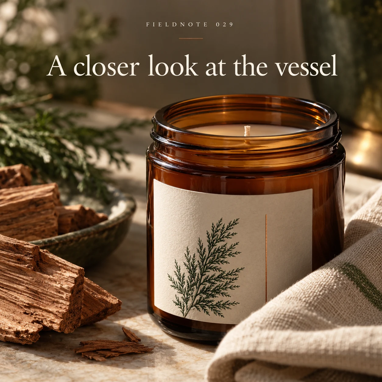 Illustrative campaign concept: close view of vessel rim and original label, with the headline “A closer look at the vessel” and fictional FIELDNOTE branding.