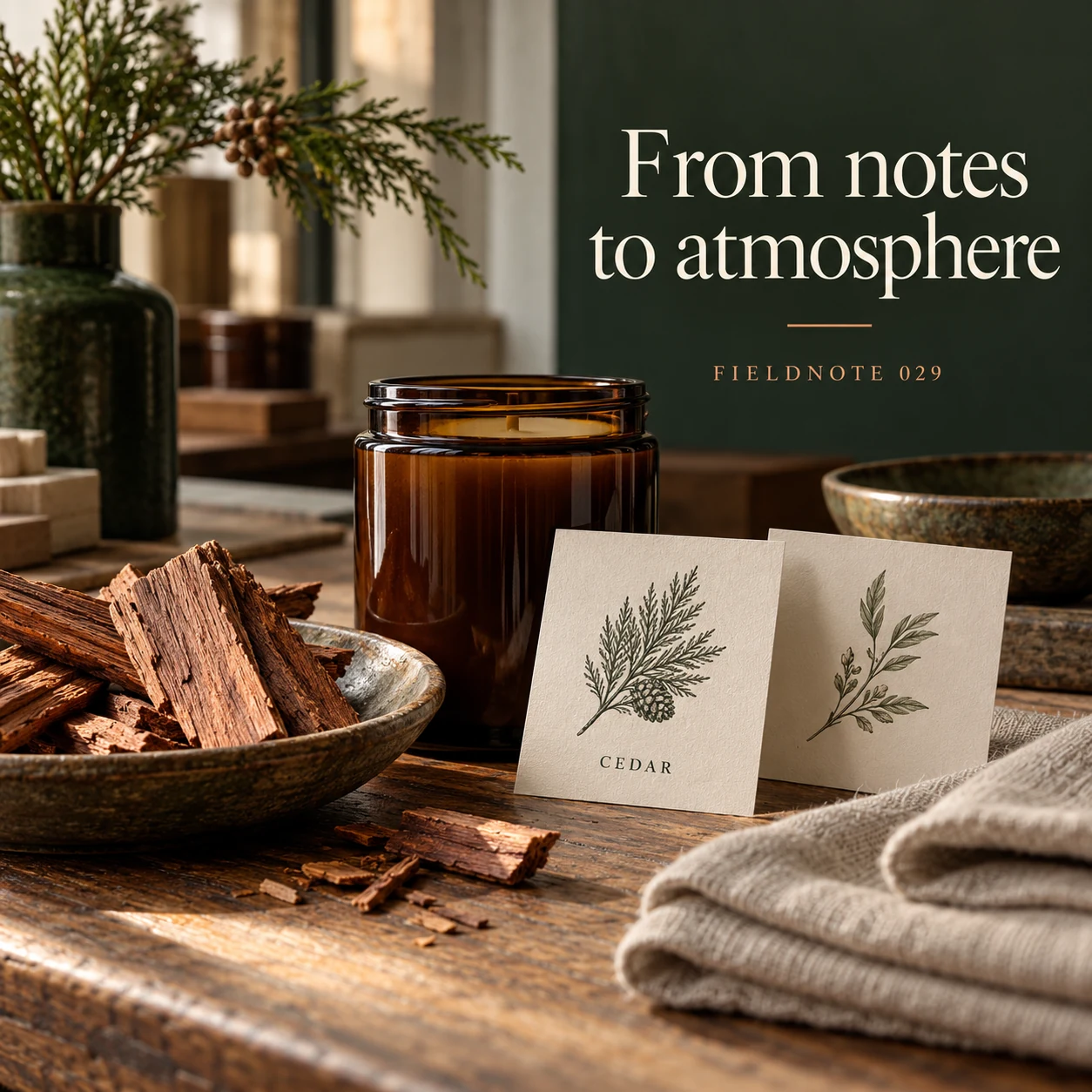Illustrative campaign concept: maker arranging cedar and plain scent-note card beside candle, with the headline “From notes to atmosphere” and fictional FIELDNOTE branding.