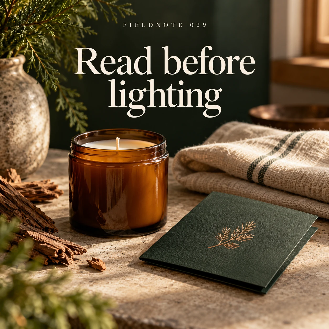 Illustrative campaign concept: unlit candle beside a closed care-instruction folder, with the headline “Read before lighting” and fictional FIELDNOTE branding.