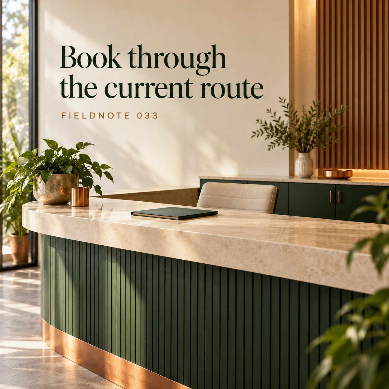 AI-generated fictional clinic communication concept: an unoccupied fictional clinic reception desk with one plain closed booking folder, no person, no medical equipment.