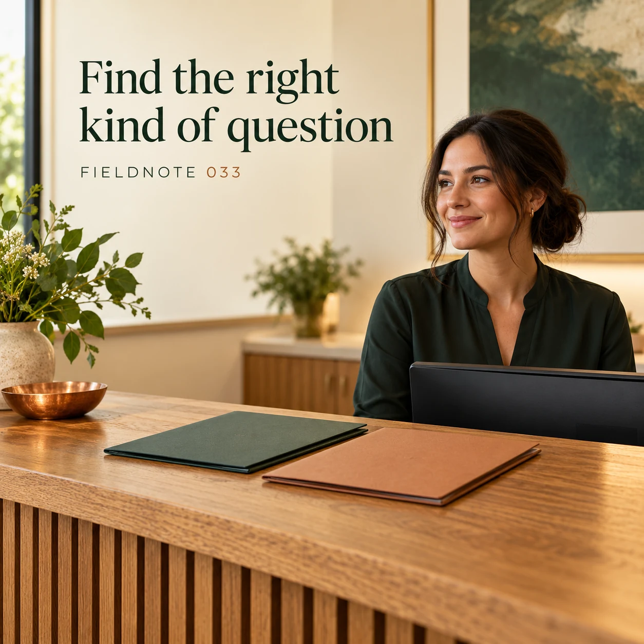 AI-generated fictional clinic communication concept: two closed plain folders on an oak reception counter with an adult receptionist behind them, no patient, chart, treatment device or diagnostic imagery.