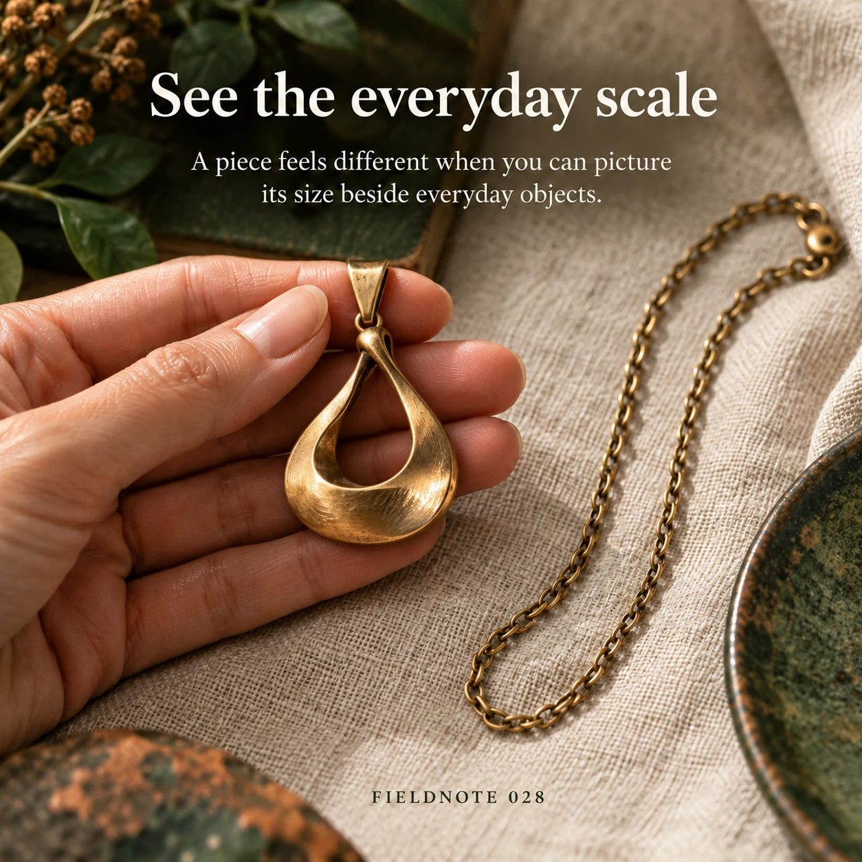 Illustrative campaign concept: adult hand holding pendant beside a plain chain, with the headline “See the everyday scale” and fictional FIELDNOTE branding.