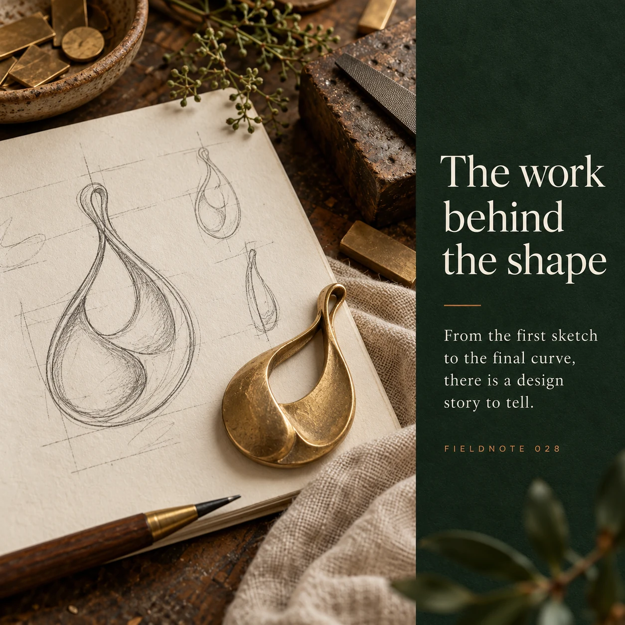 Illustrative campaign concept: maker's pencil sketch beside unfinished pendant shape, with the headline “The work behind the shape” and fictional FIELDNOTE branding.