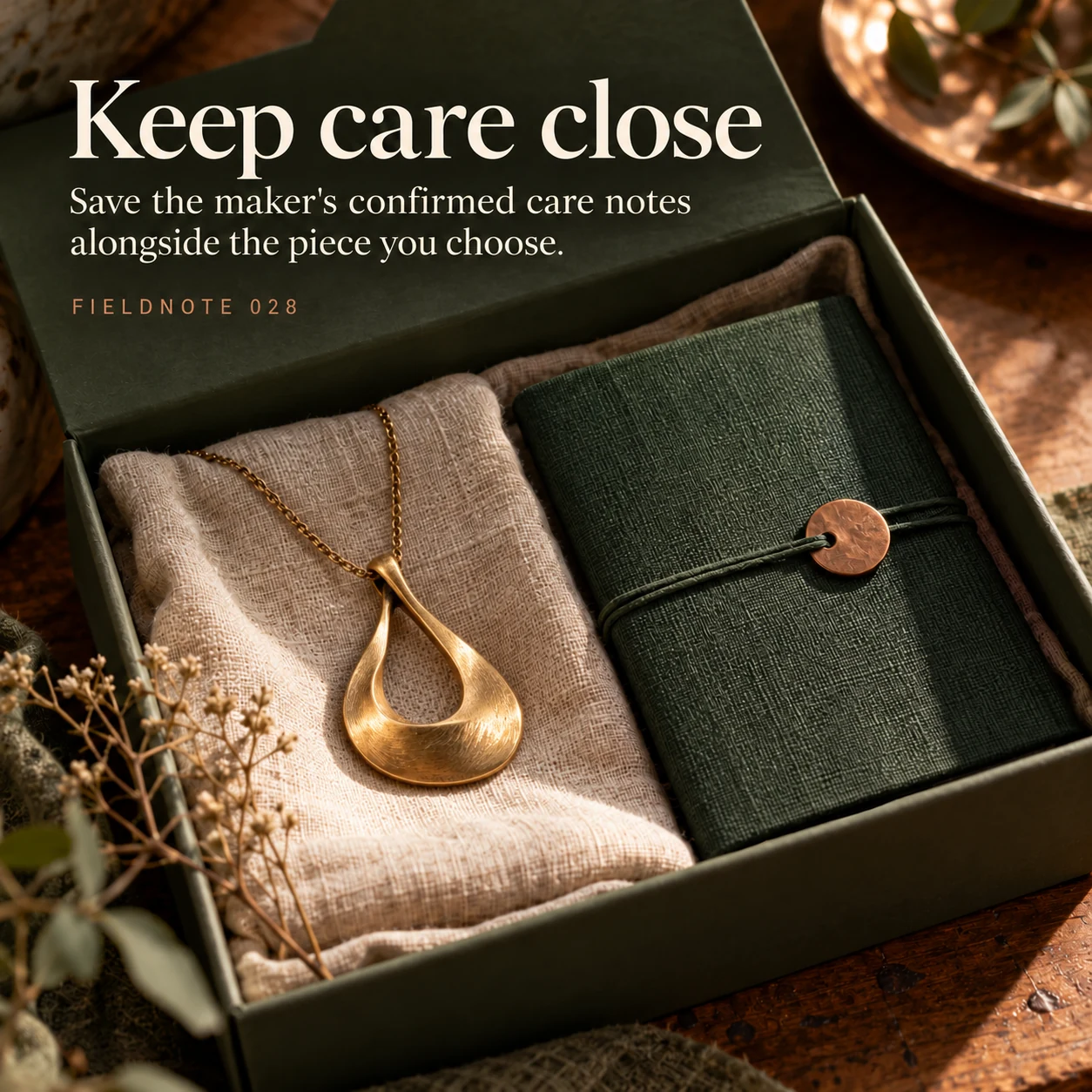 Illustrative campaign concept: pendant and closed approved-care folio inside an open box, with the headline “Keep care close” and fictional FIELDNOTE branding.