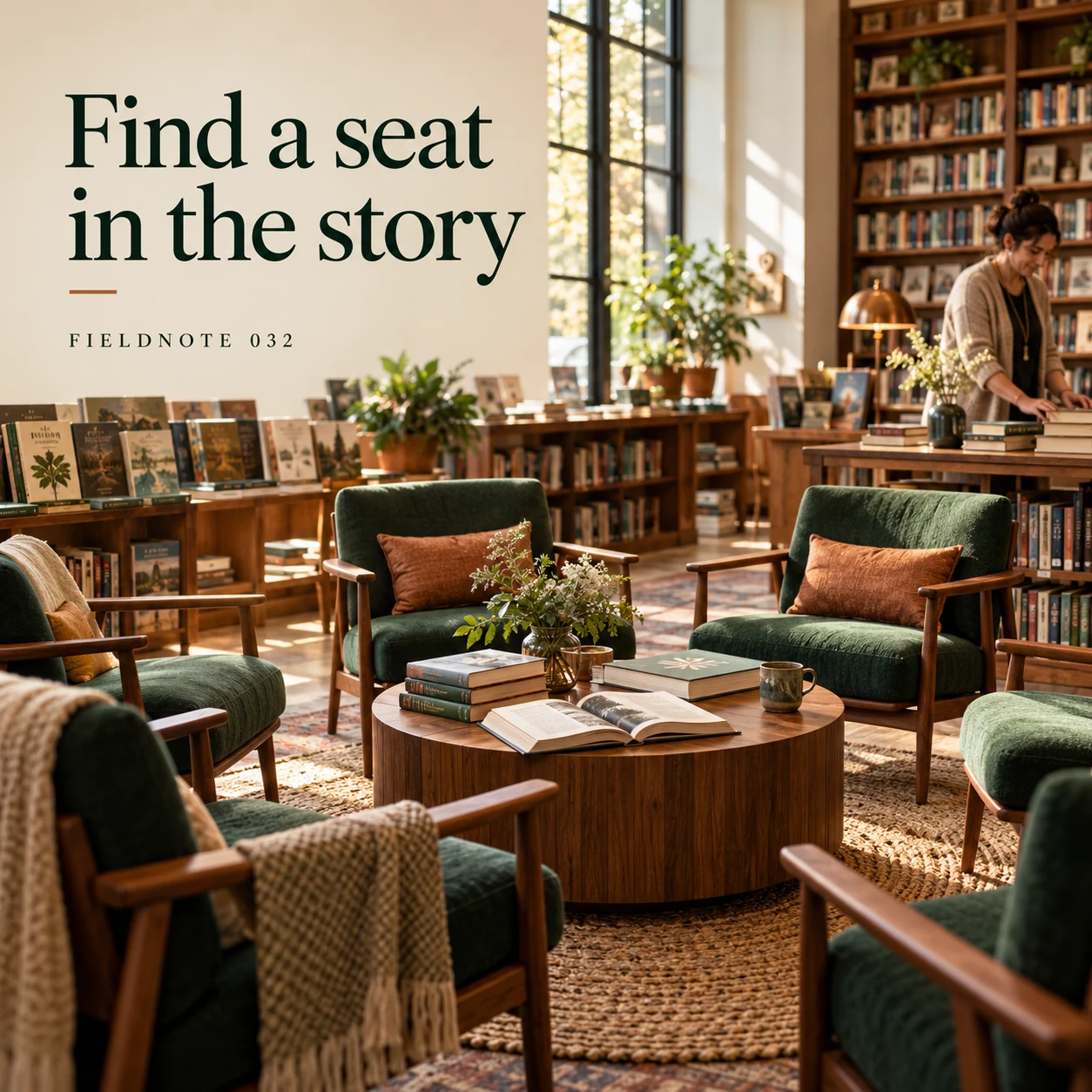 Illustrative campaign concept: empty reading-circle chairs around original books, with the headline “Find a seat in the story” and fictional FIELDNOTE branding.