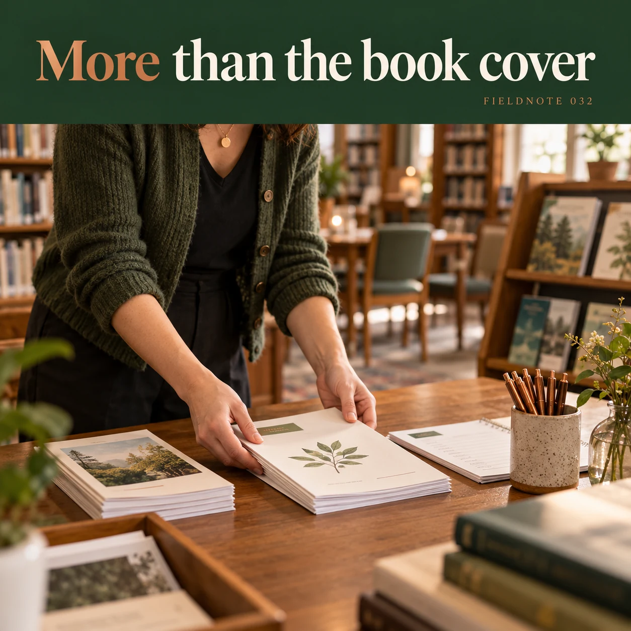 Illustrative campaign concept: adult host arranging plain program materials on table, with the headline “More than the book cover” and fictional FIELDNOTE branding.