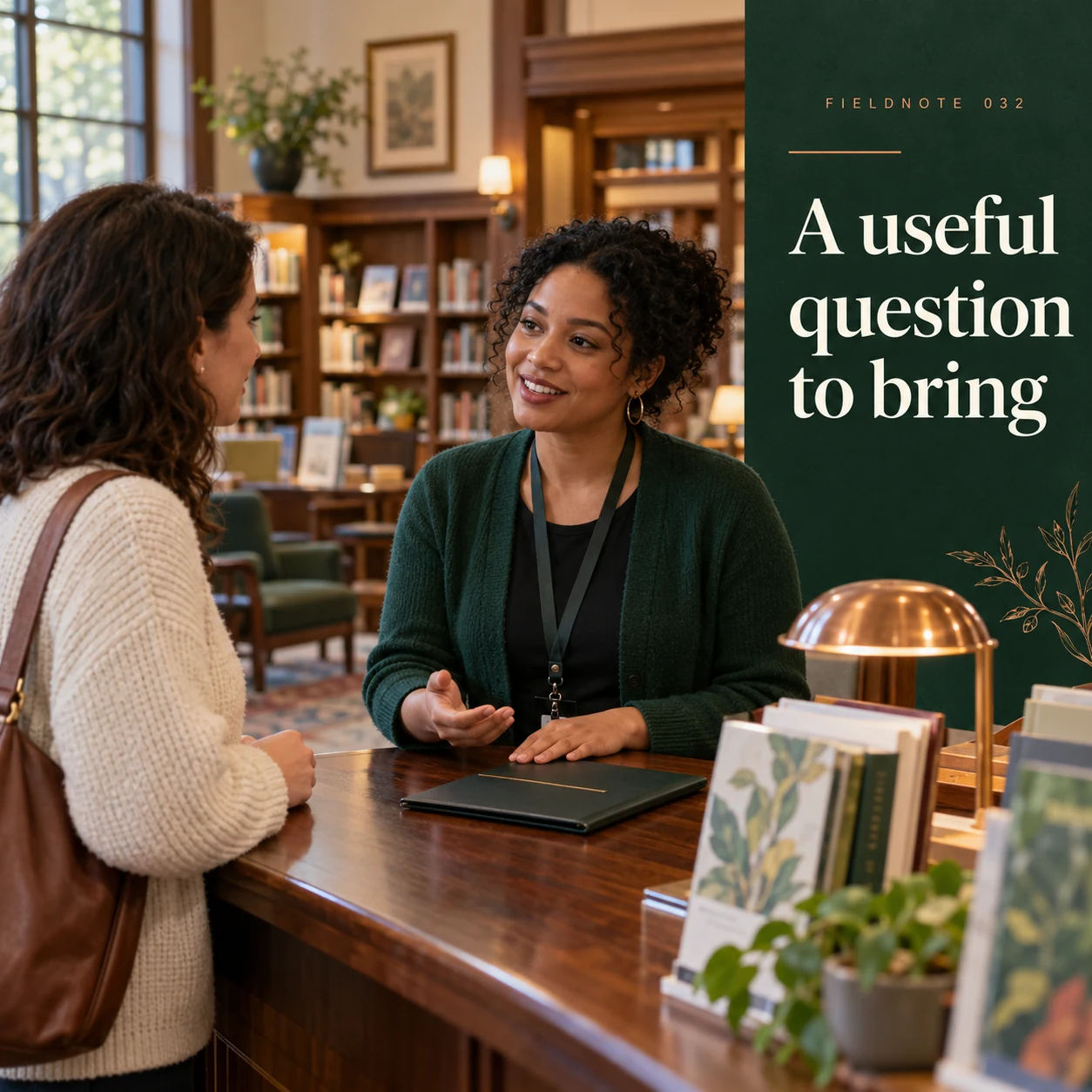 Illustrative campaign concept: adult visitor speaking with library host beside closed program folio, with the headline “A useful question to bring” and fictional FIELDNOTE branding.