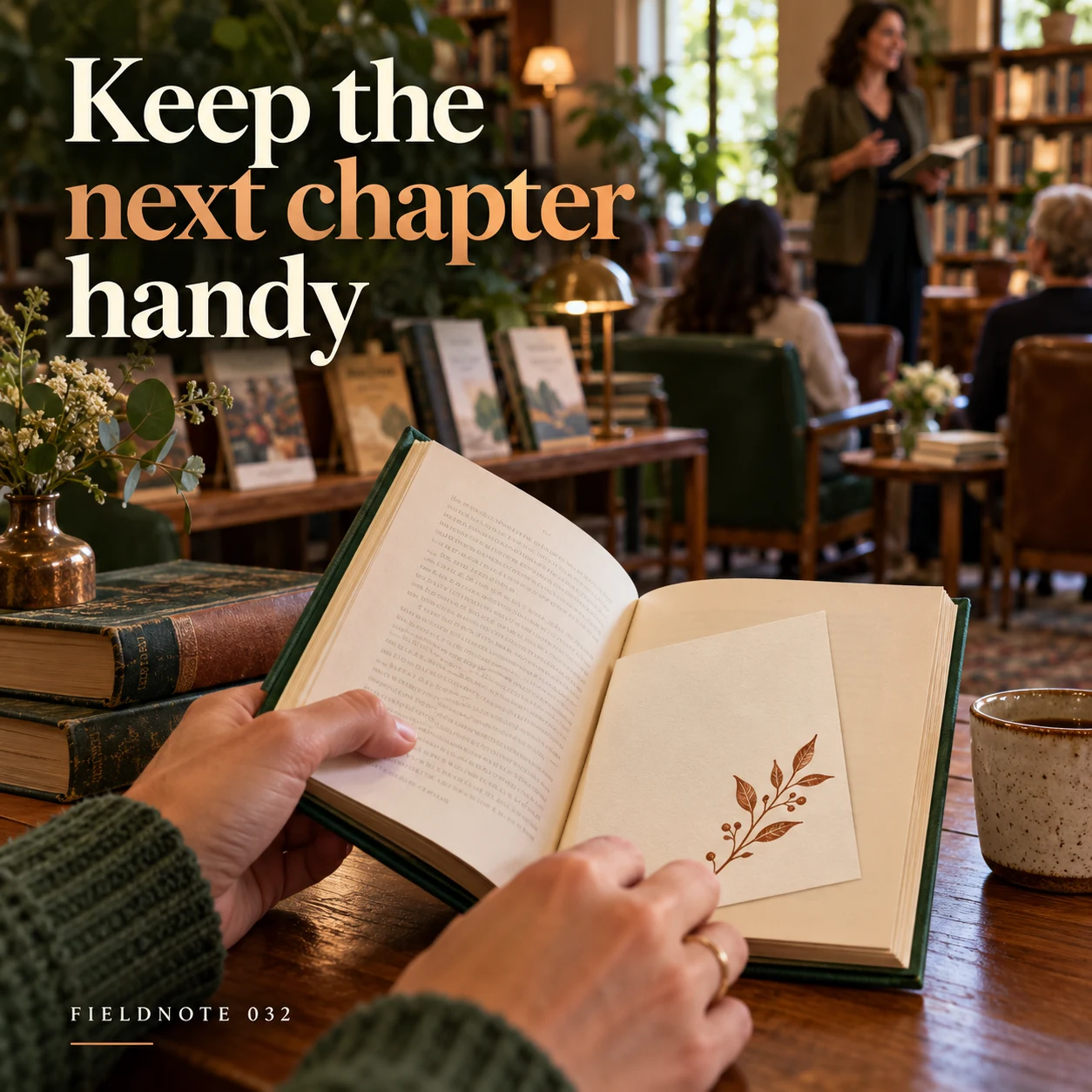 Illustrative campaign concept: plain official-event card tucked inside an original book, with the headline “Keep the next chapter handy” and fictional FIELDNOTE branding.