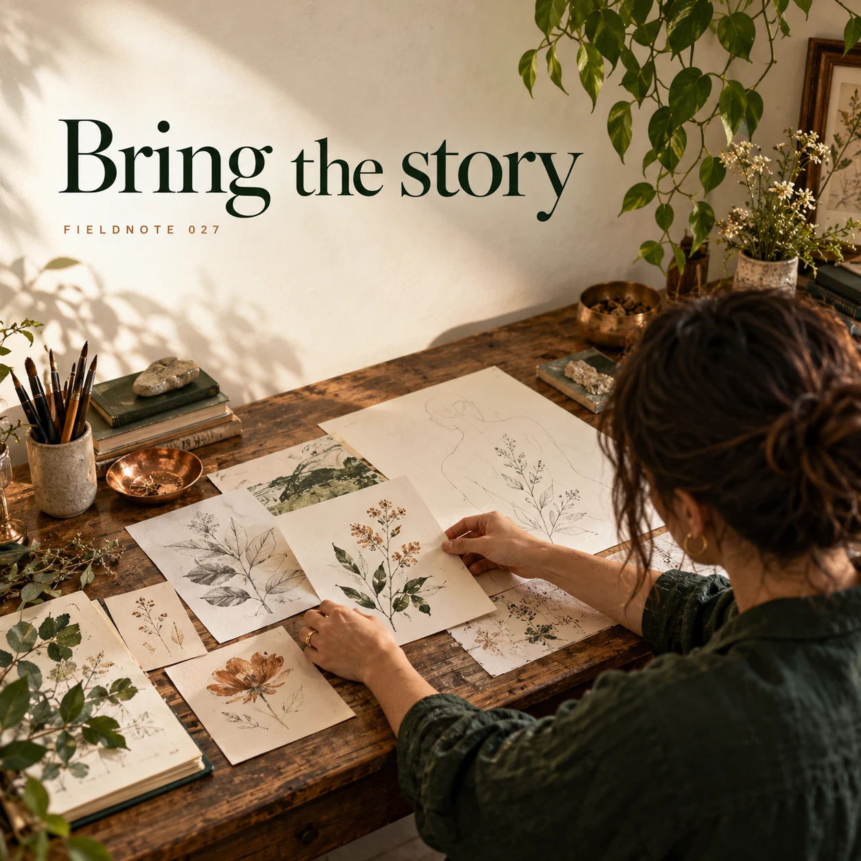 Illustrative campaign concept: adult client arranging original abstract reference sketches, with the headline “Bring the story” and fictional FIELDNOTE branding.