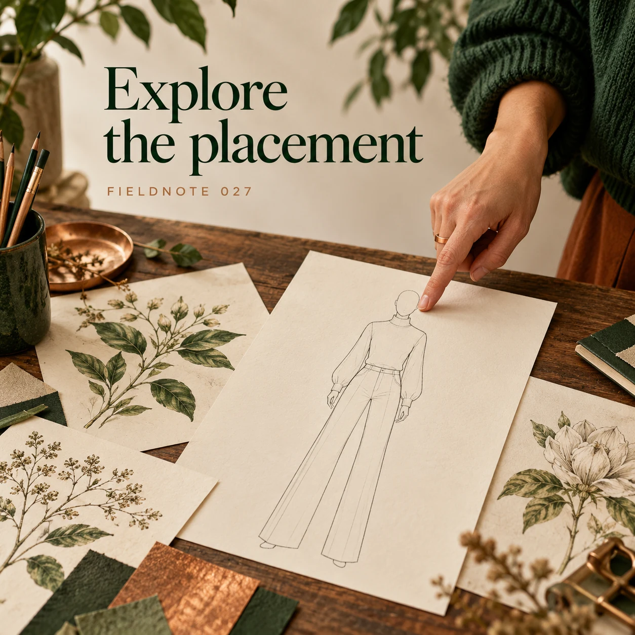 Illustrative fictional tattoo-design discussion: an artist points to a paper fashion figure in a long-sleeve top and trousers, surrounded by botanical sketches. Headline: Explore the placement. FIELDNOTE 027.
