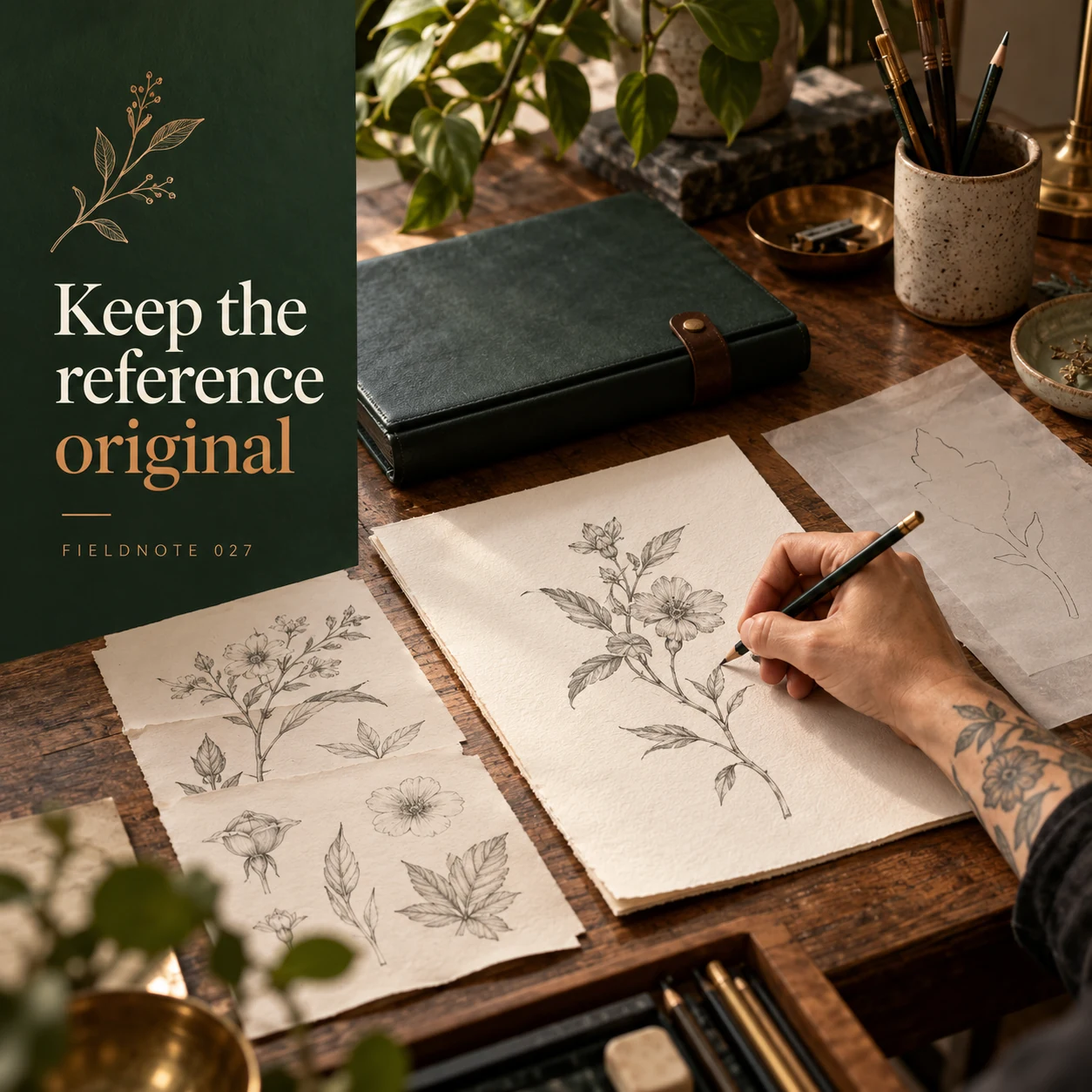 Illustrative campaign concept: artist drawing an original botanical study beside closed reference folder, with the headline “Keep the reference original” and fictional FIELDNOTE branding.