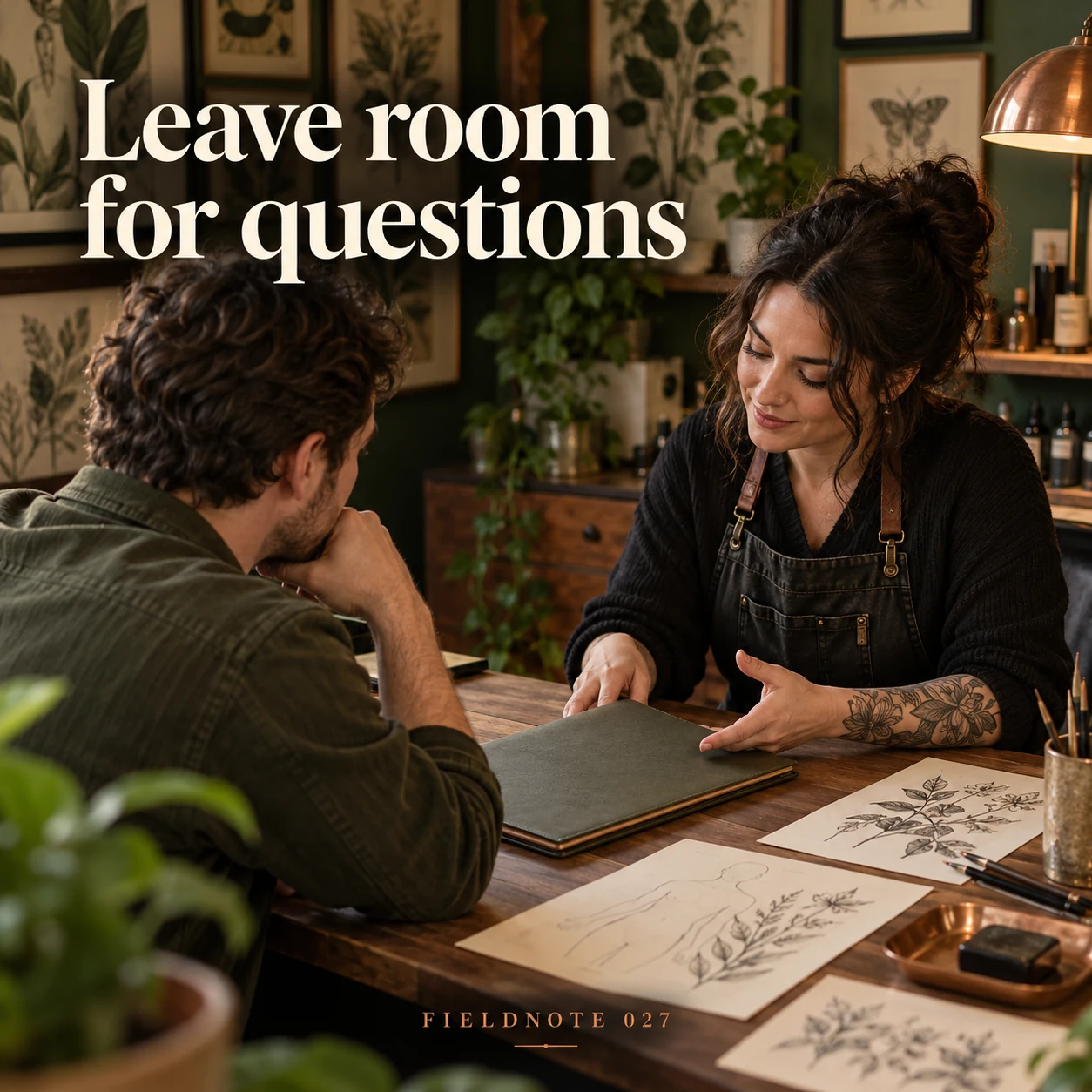 Illustrative campaign concept: adult client and artist discussing a plain consultation folio, with the headline “Leave room for questions” and fictional FIELDNOTE branding.