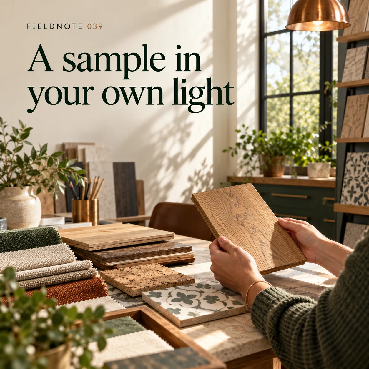 Illustrative campaign concept: flooring sample held near window light, with the headline “A sample in your own light” and fictional FIELDNOTE branding.