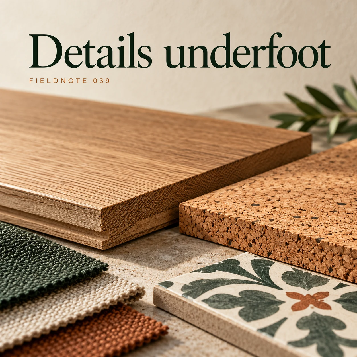 Illustrative campaign concept: close view of oak and cork surface edges, with the headline “Details underfoot” and fictional FIELDNOTE branding.