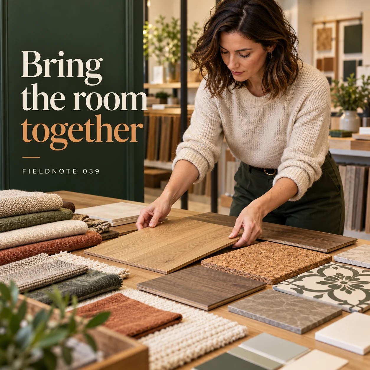 Illustrative campaign concept: adult arranging floor samples beside fabric and wall swatches, with the headline “Bring the room together” and fictional FIELDNOTE branding.