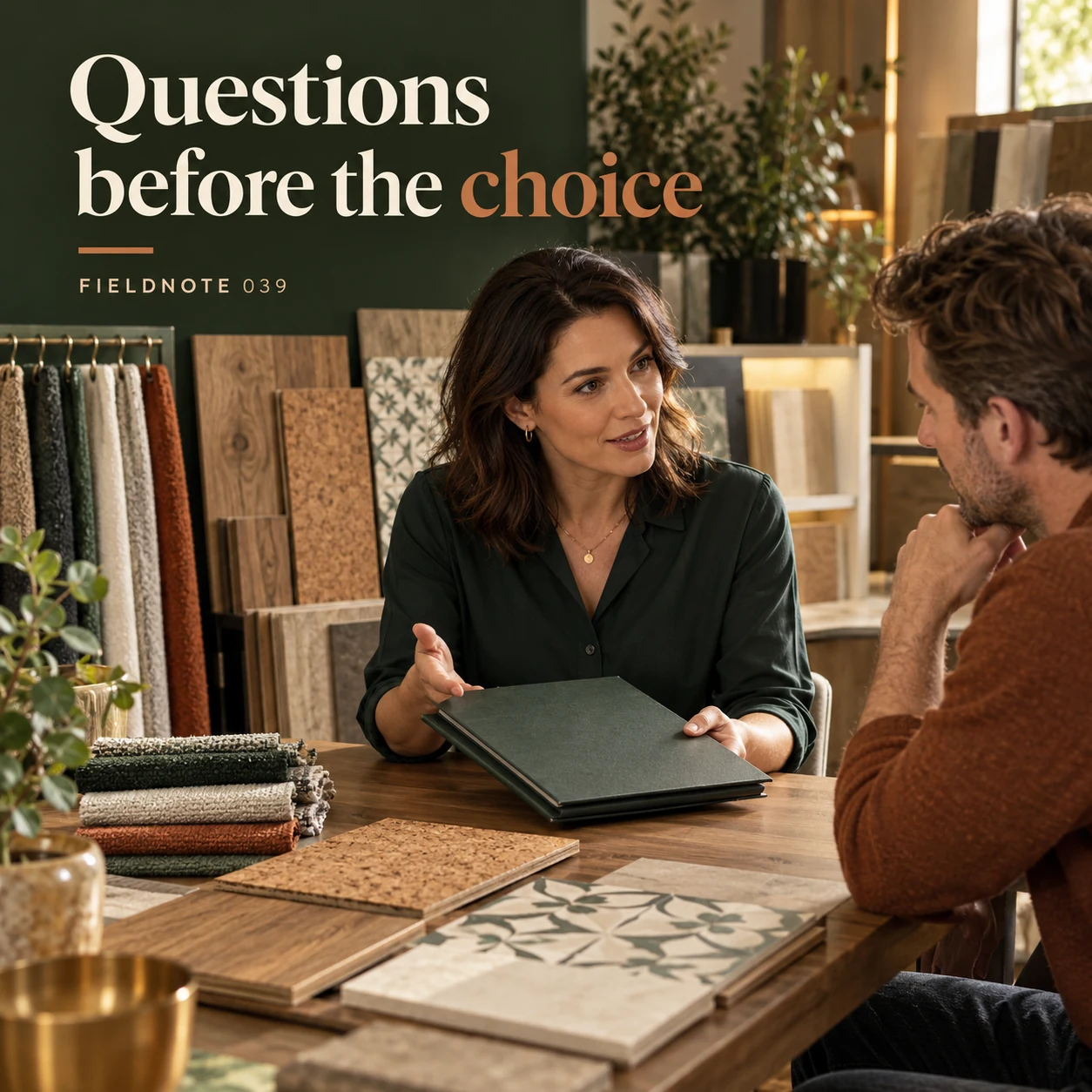Illustrative campaign concept: showroom adviser discussing closed specification folder, with the headline “Questions before the choice” and fictional FIELDNOTE branding.