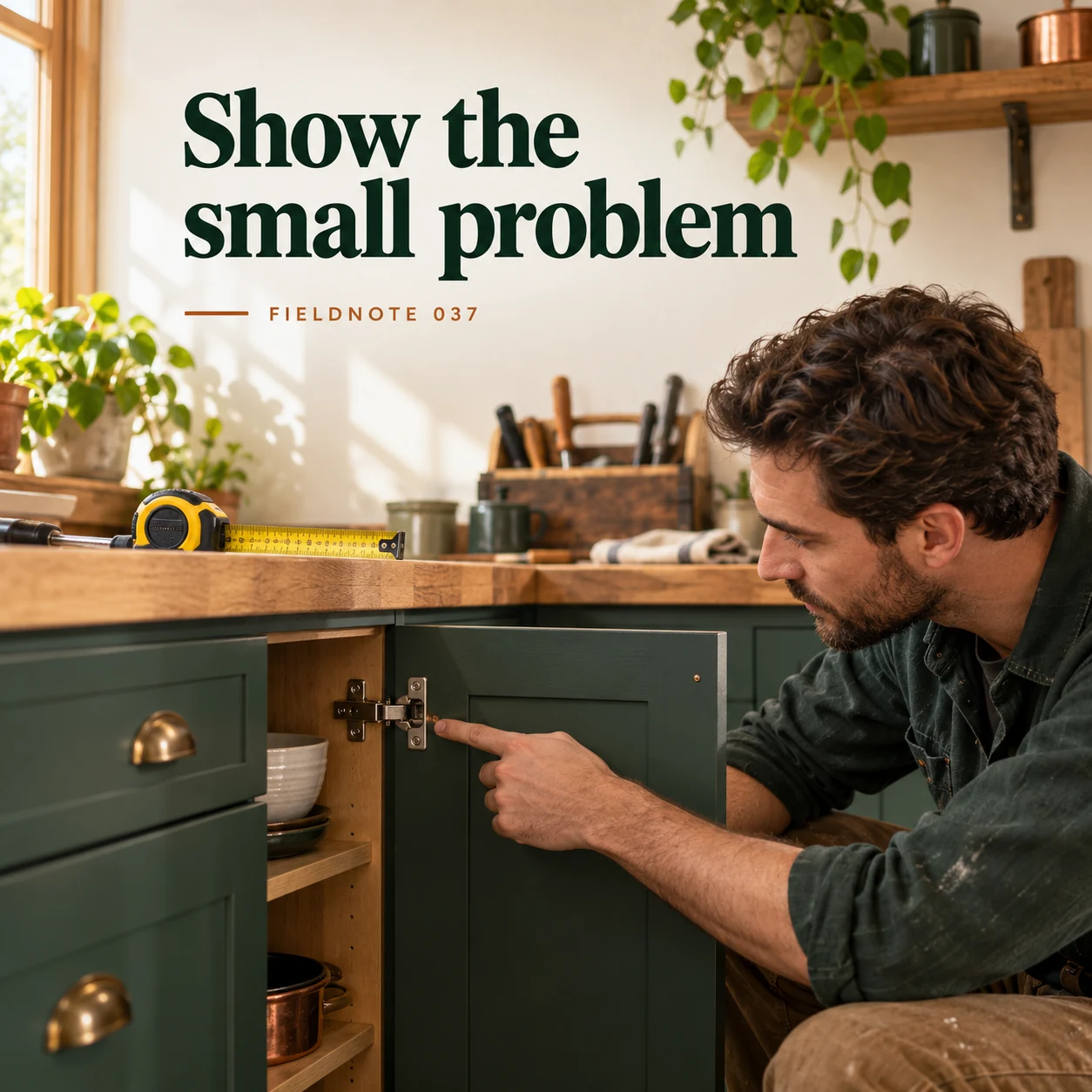 Illustrative campaign concept: adult pointing to a loose cupboard hinge, with the headline “Show the small problem” and fictional FIELDNOTE branding.