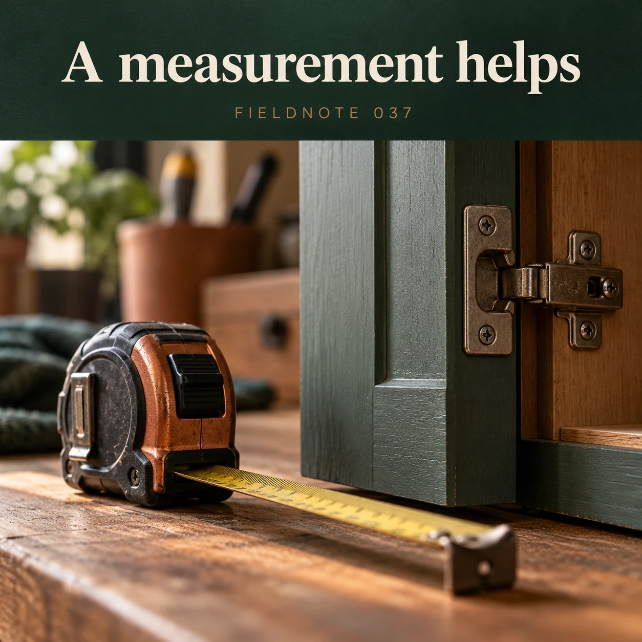 Illustrative campaign concept: tape measure beside cupboard edge without readable measurement, with the headline “A measurement helps” and fictional FIELDNOTE branding.