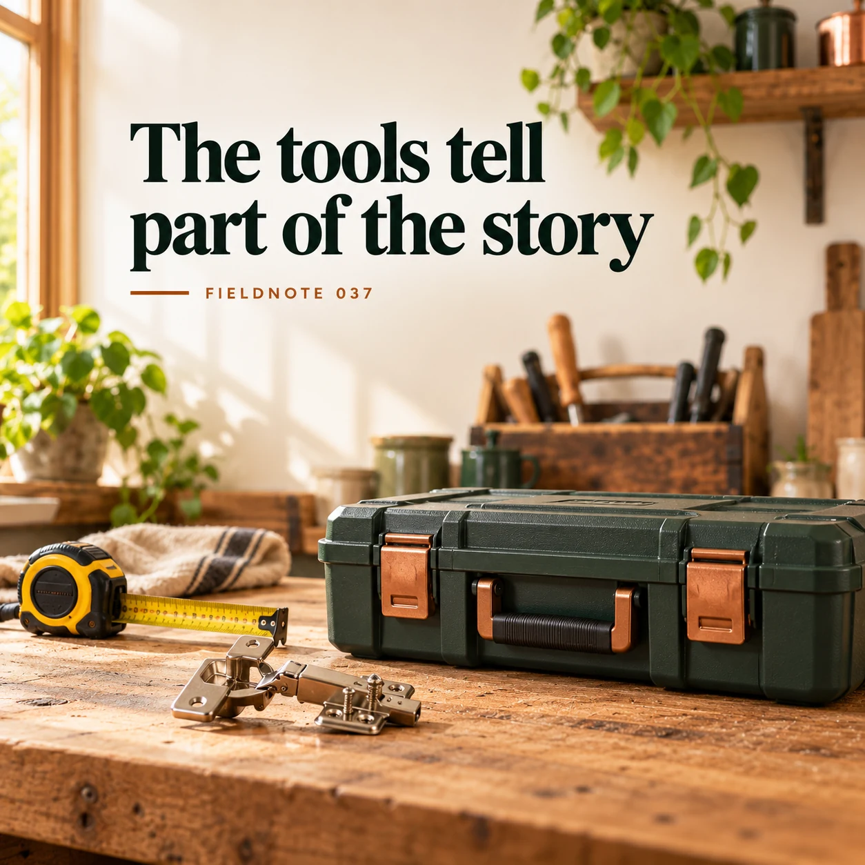 Illustrative campaign concept: closed tool kit on workshop bench beside hinge sample, with the headline “The tools tell part of the story” and fictional FIELDNOTE branding.