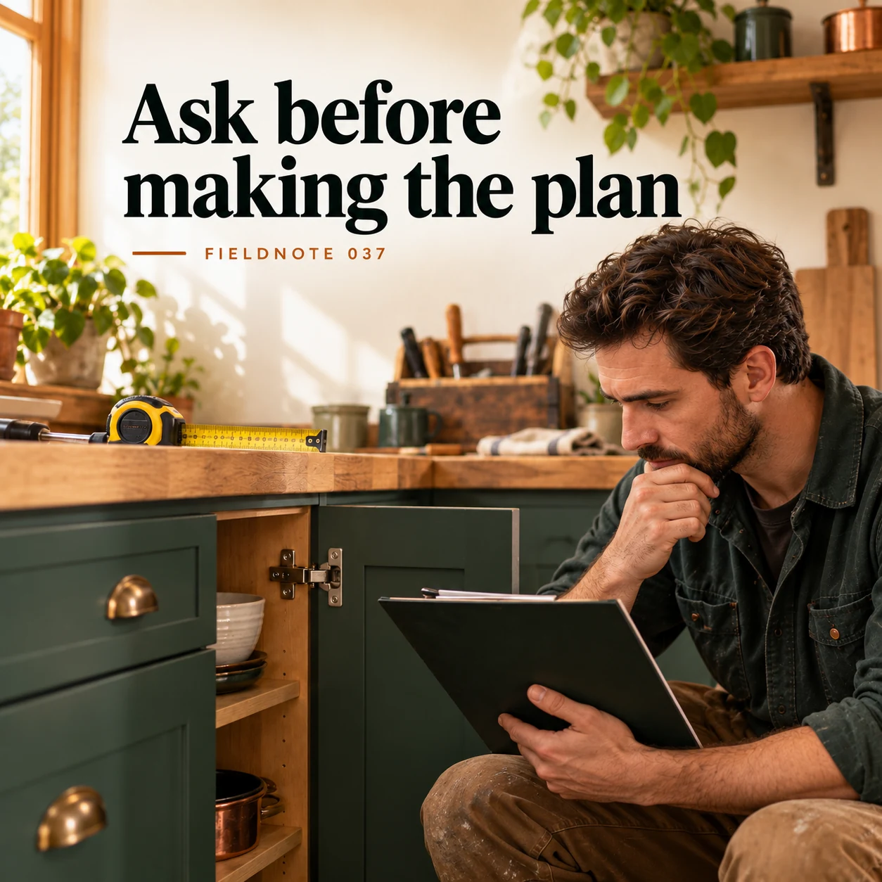 Illustrative campaign concept: adult tradesperson discussing a closed enquiry folder, with the headline “Ask before making the plan” and fictional FIELDNOTE branding.