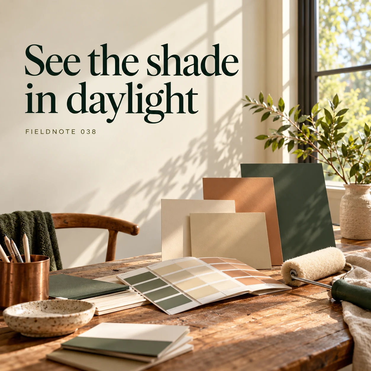 Illustrative campaign concept: paint samples viewed against wall in daylight, with the headline “See the shade in daylight” and fictional FIELDNOTE branding.