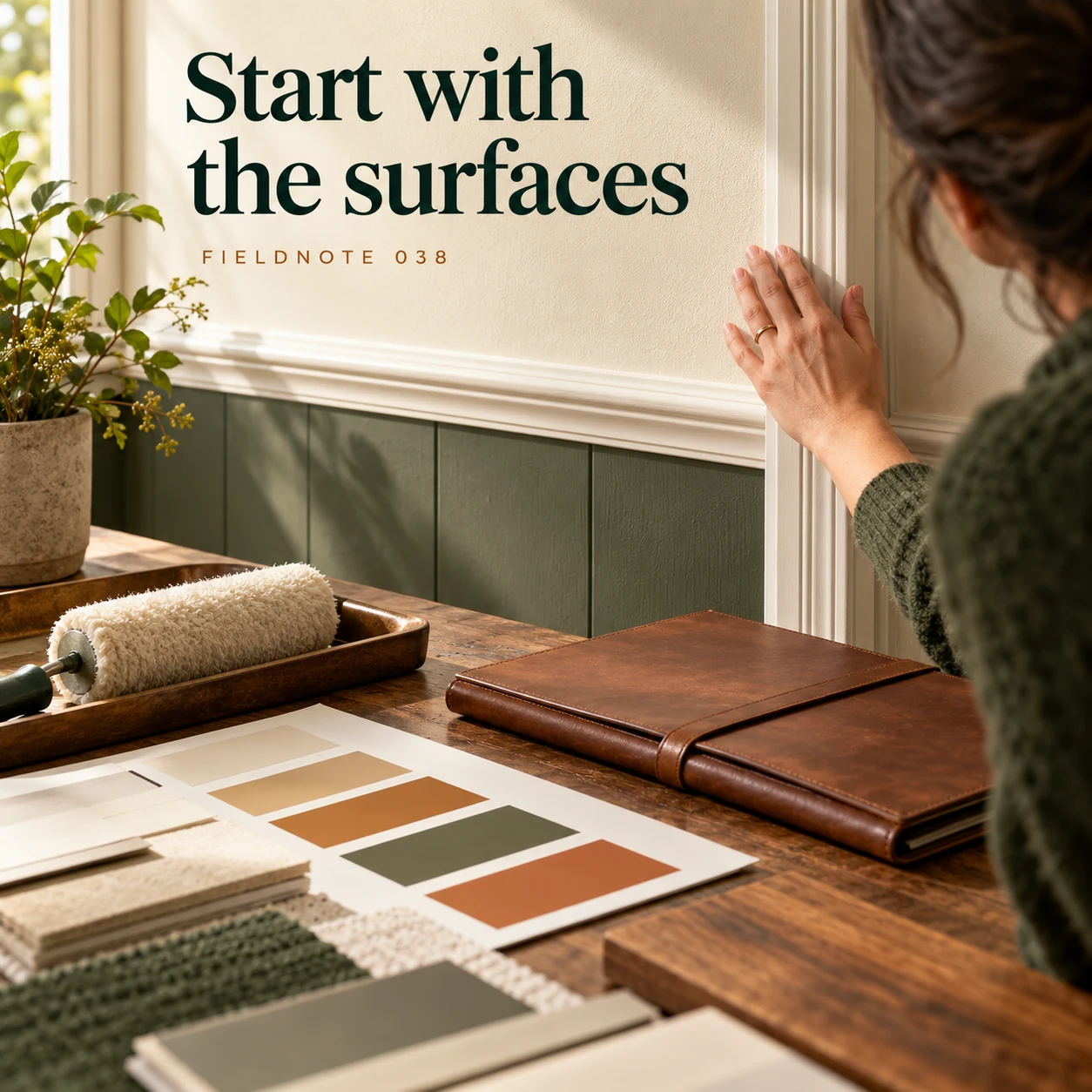 Illustrative campaign concept: adult examining wall and trim beside a closed project folio, with the headline “Start with the surfaces” and fictional FIELDNOTE branding.