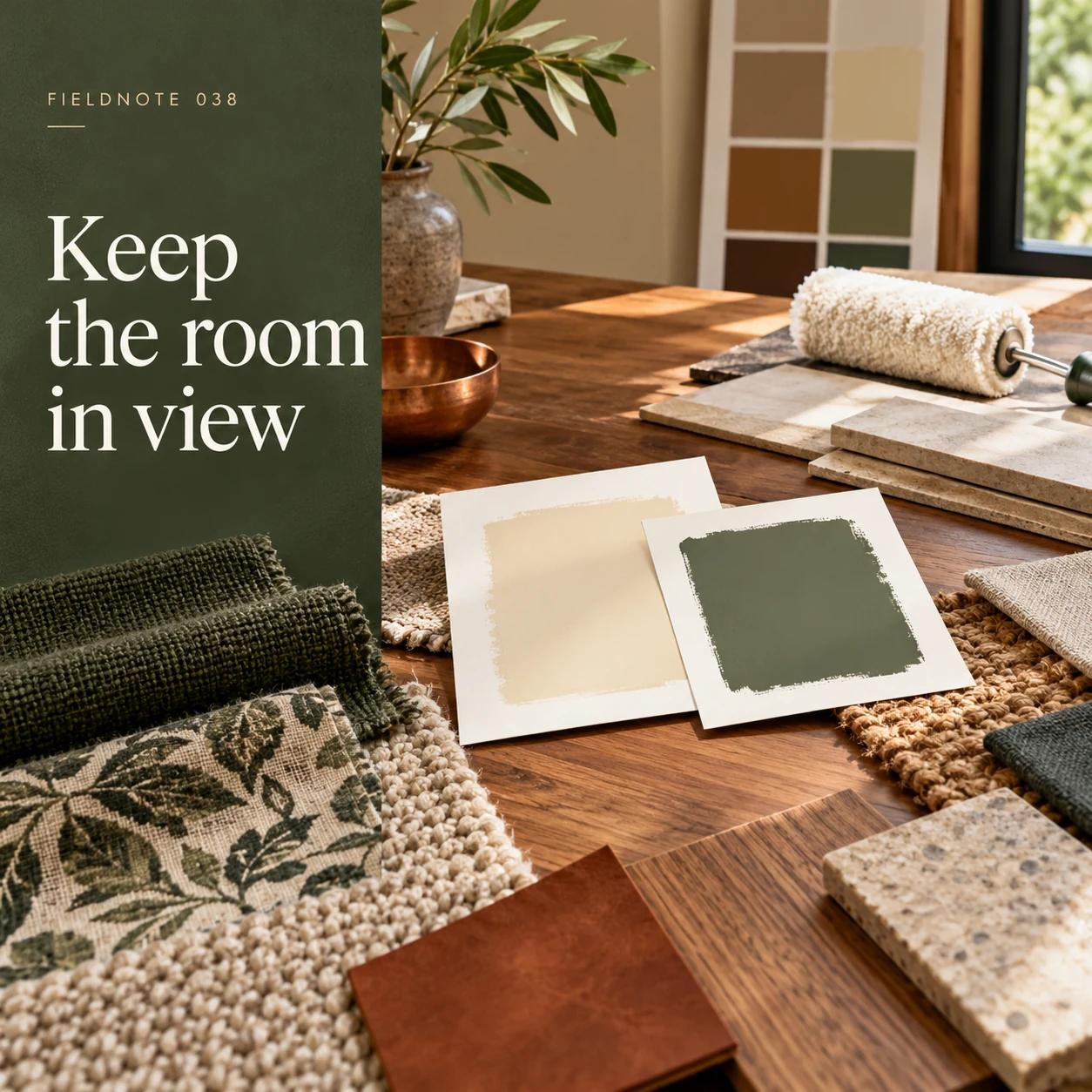 Illustrative campaign concept: fabric and flooring samples around two paint swatches, with the headline “Keep the room in view” and fictional FIELDNOTE branding.