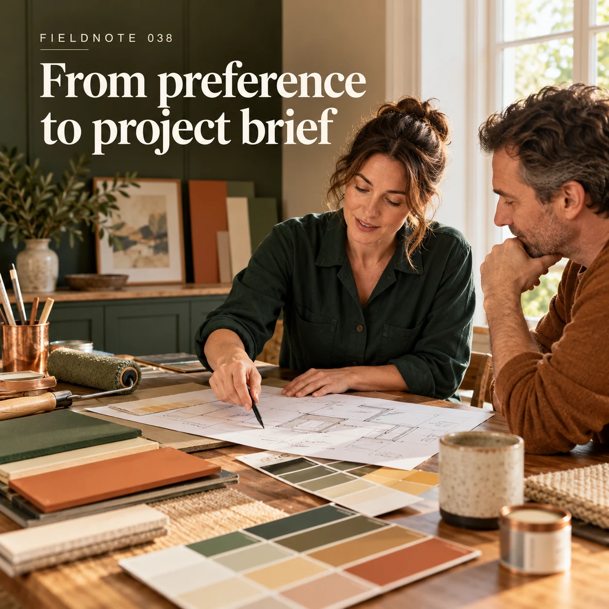 Illustrative campaign concept: adult decorator reviewing a room sketch with homeowner, with the headline “From preference to project brief” and fictional FIELDNOTE branding.