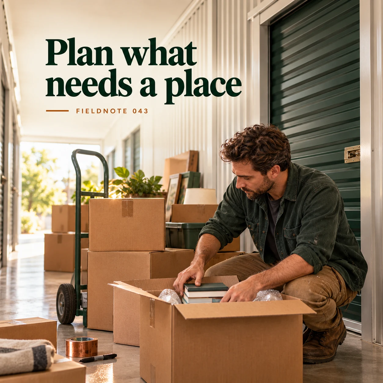 Illustrative campaign concept: adult sorting household inventory into closed cartons, with the headline “Plan what needs a place” and fictional FIELDNOTE branding.