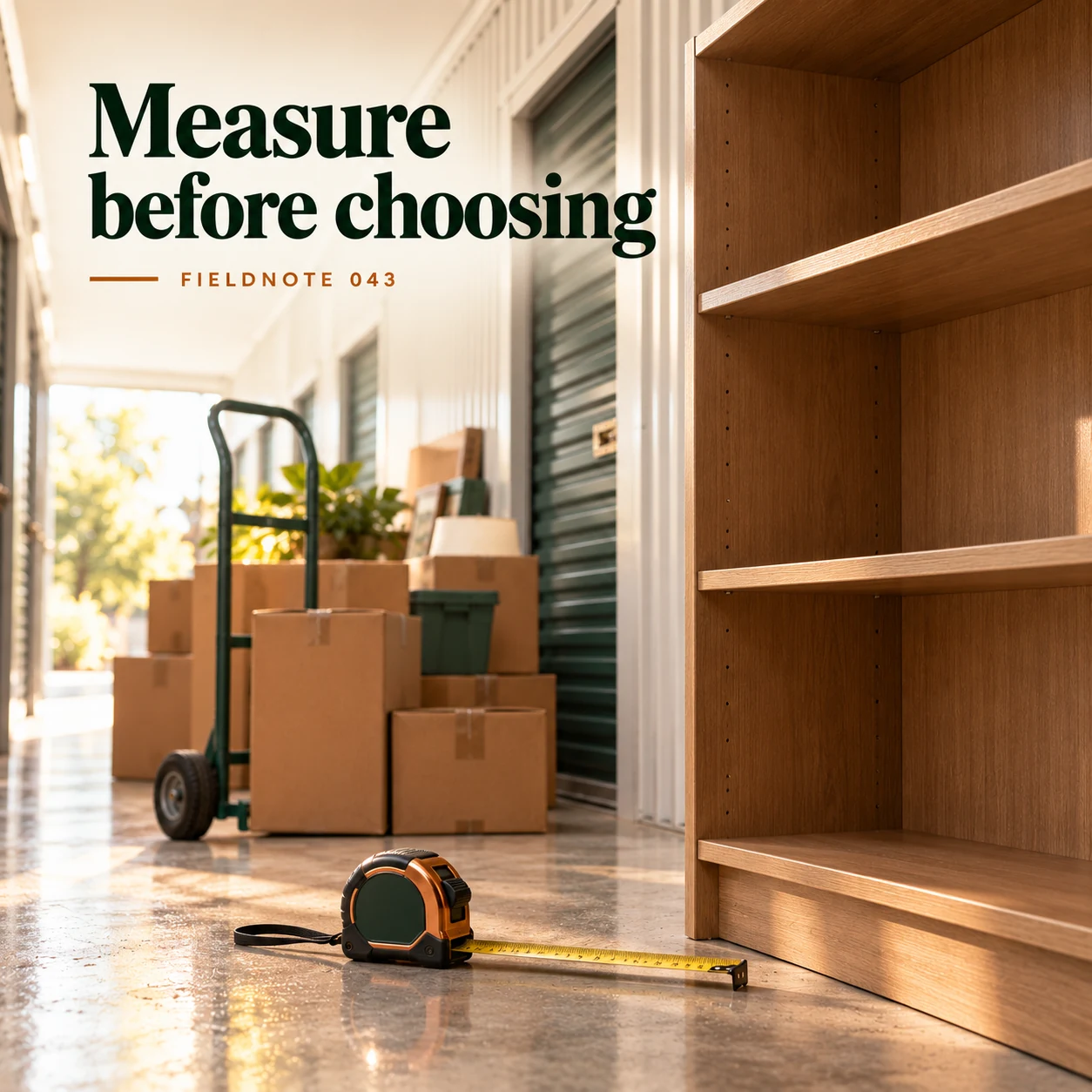Illustrative campaign concept: measuring tape beside an empty bookcase, with the headline “Measure before choosing” and fictional FIELDNOTE branding.