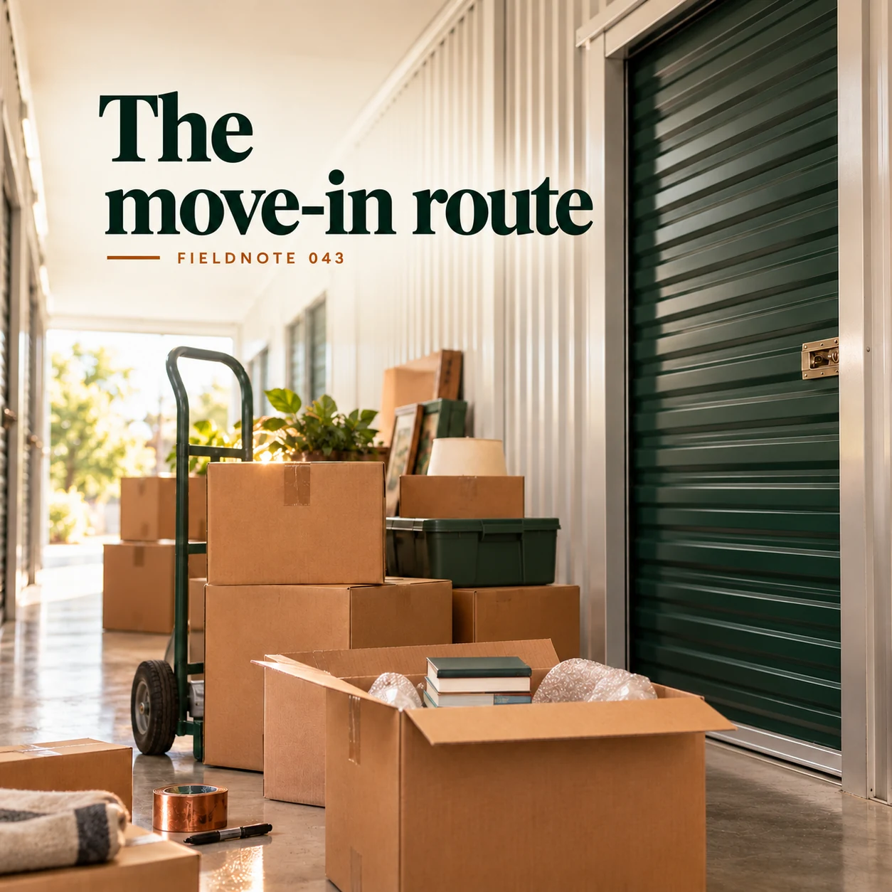 Illustrative campaign concept: trolley and boxes beside blank storage unit door, with the headline “The move-in route” and fictional FIELDNOTE branding.