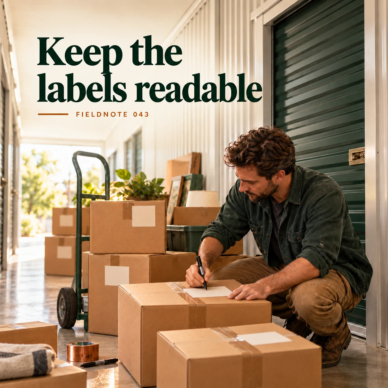Illustrative campaign concept: adult labeling generic boxes with unreadable plain tags, with the headline “Keep the labels readable” and fictional FIELDNOTE branding.