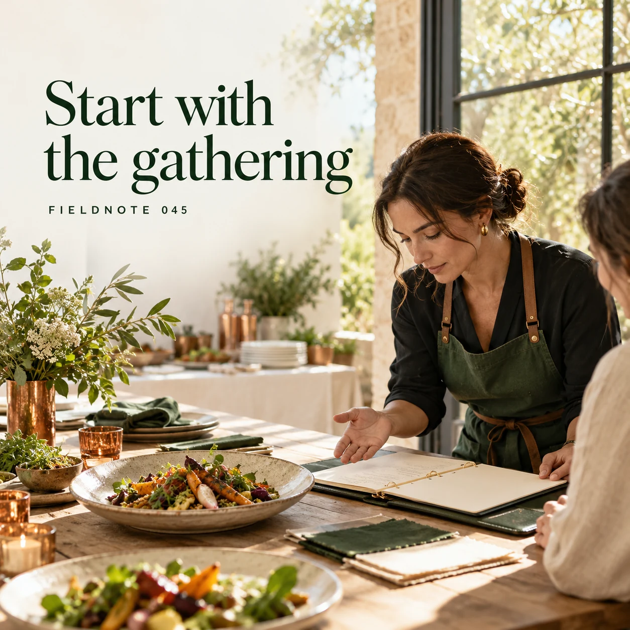 Illustrative campaign concept: organizer discussing closed event folio beside sample plate, with the headline “Start with the gathering” and fictional FIELDNOTE branding.