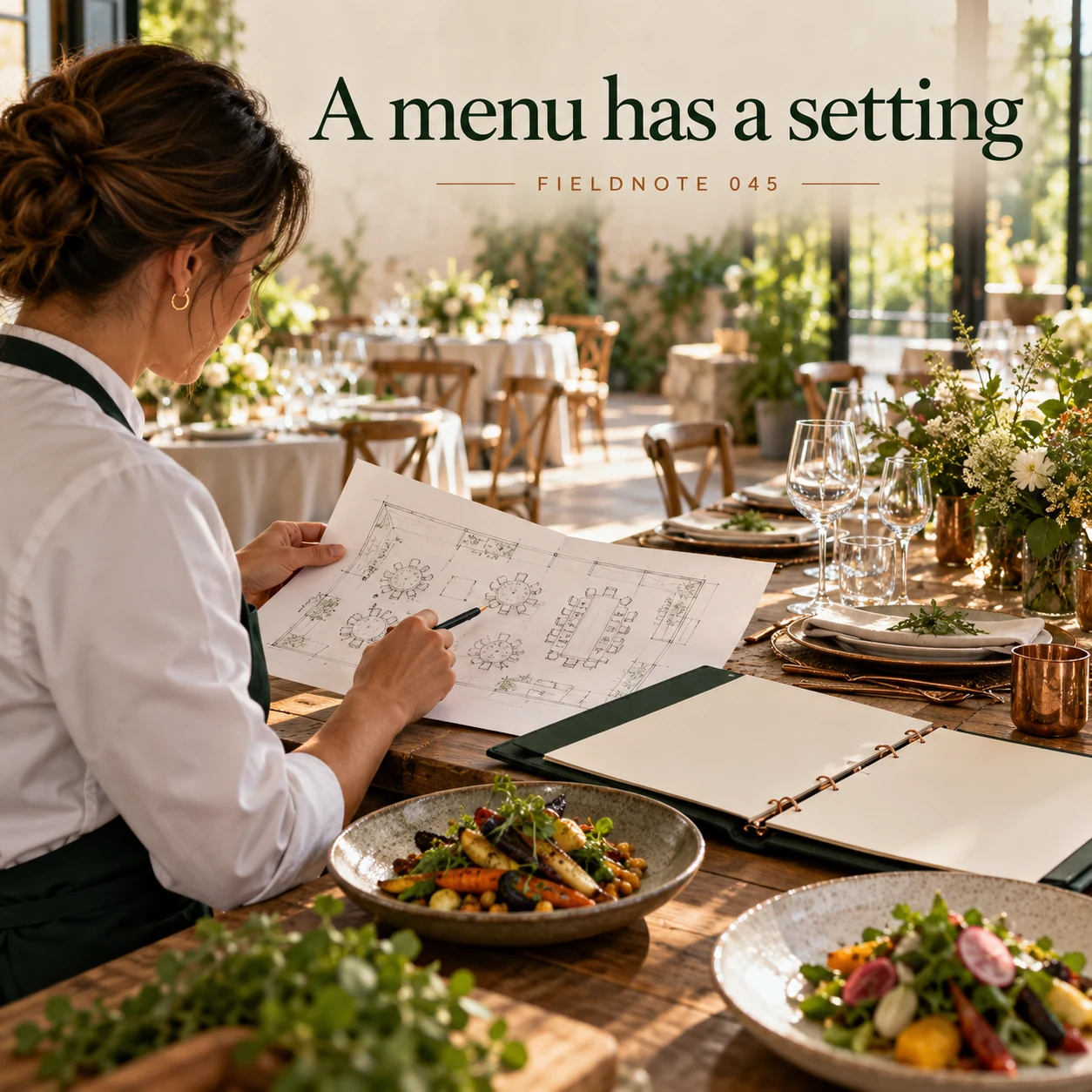 Illustrative campaign concept: adult caterer reviewing venue sketch with empty table settings, with the headline “A menu has a setting” and fictional FIELDNOTE branding.